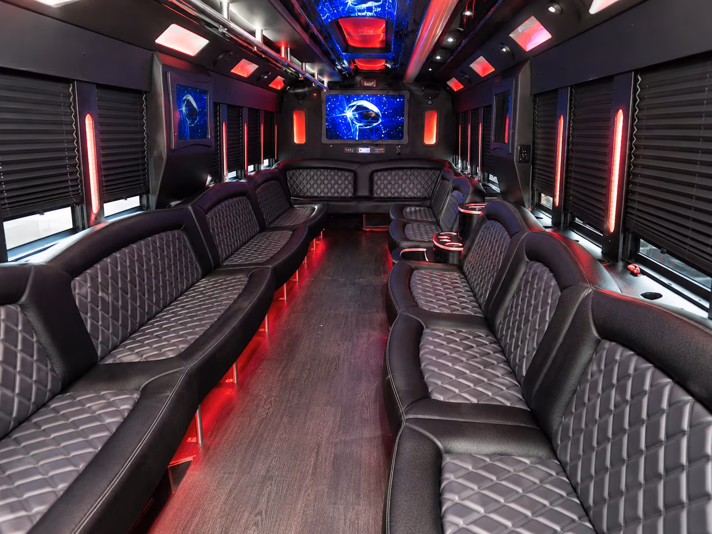 Passenger seating aboard a party bus rental serving Fresno